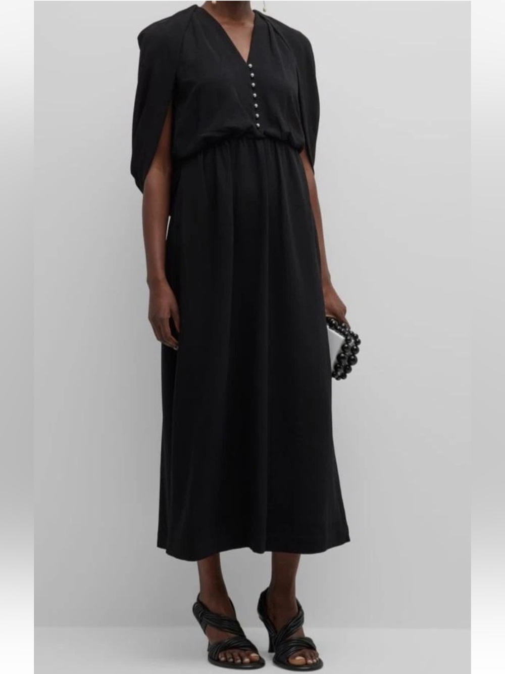 Jonathan Simkhai Sz 8 Dress Maxi Midi Black Jodie V-neck Cape Luxury Designer。